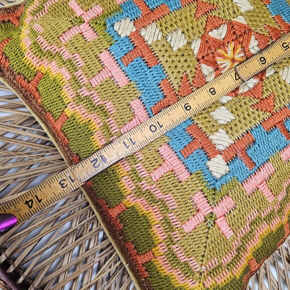 Vintage 70s Smokey Topaz Needlepoint Pillow Wool Yarn Tan Rust Blue Olive Velvet - Picture 8 of 8